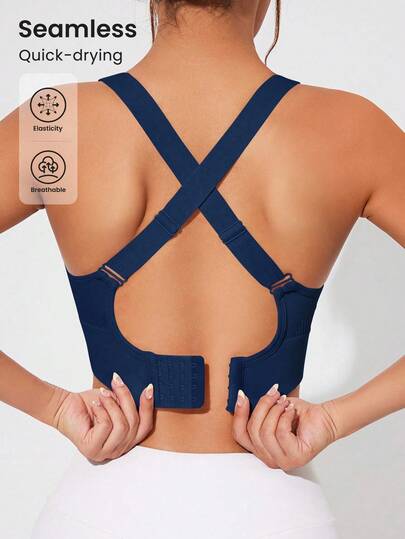 SHEIN Core Rhythm Navy Blue Colorblock Criss Cross Strap Women's Sports Bra Breathable And Elastic Fabric For Seamless Comfort And Active Lifestyles