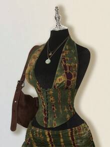 SHEIN ICON 女士扎染两件套，嬉皮风格扎染低胸超迷你裙，两件超低腰套装 - 軍綠色 - 查看 7