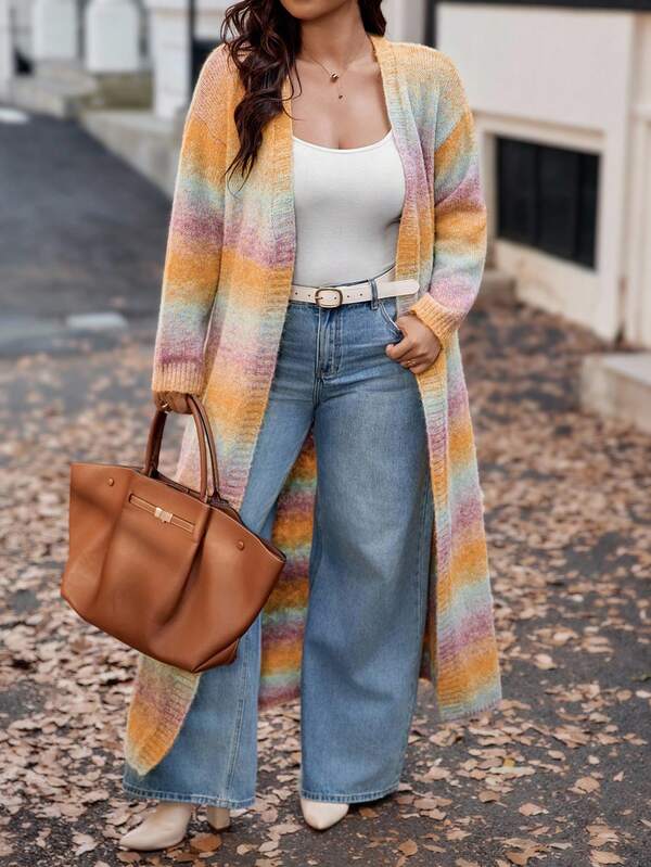 Vionelle Rainbow Ombre Plus Size V-Neck Cardigan Sweater, Long Sleeve Mid-Length Versatile High-End Knit Jacket Fall Winter Cloth For Women Autumn