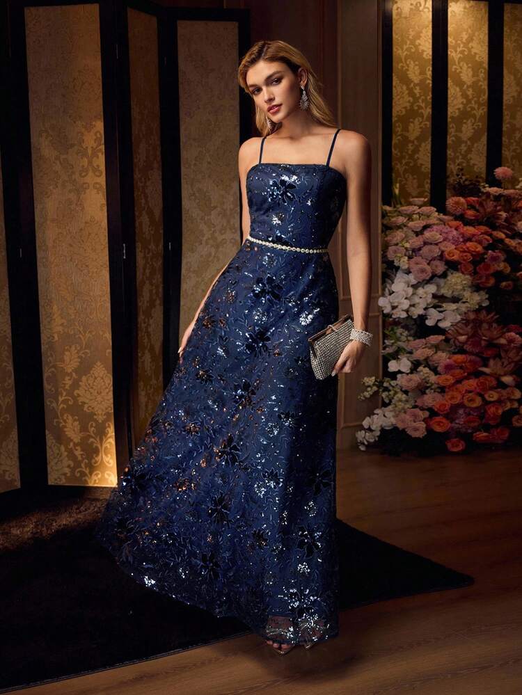 ELEGANT MESH CONTRAST SEQUIN EMBROIDERY FLORAL PATTERN SLIP DRESS WITHOUT BELT