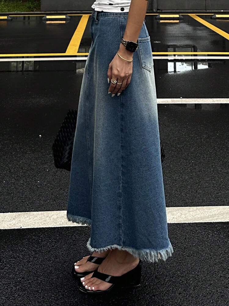 DAZY 女士休闲水洗毛边牛仔半身裙，秋季 - 藍色 - 查看 7