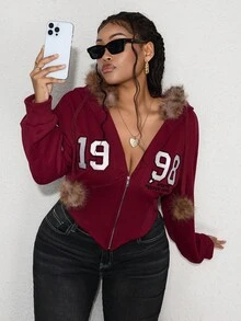 ROMWE Avant Áo nỉ nữ cỡ lớn kiểu dáng đại học thêu chữ và số, phối lông, có dây rút. - Màu Đỏ Sâu - Xem 4