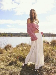 Aralina Fall Winter Lace Textured Fabric Stretch Tiered Flowing Boho Cute Going Out Maxi Skirt