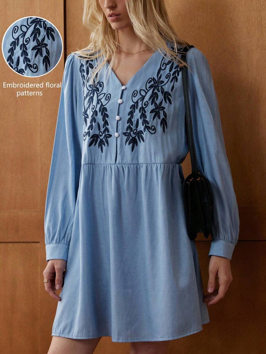 Écloséra 复古法式宽松刺绣V领长袖连衣裙，女款，春秋季 - 藍色 - 查看 1