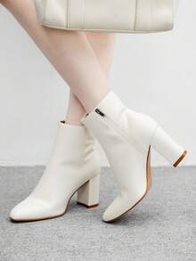 CUCCOO BIZCHIC Pointed Toe, Chunky Heel Women's Commuter Fashion Simple Ankle Boots, Classic White Side Zipper Mid Heel Boots, Suitable For Autumn & Winter For Christmas - White - View 5