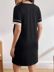 BloomMama Bielizna nocna ciążowa - 3-częściowa sukienka z krótkim rękawem (rękawy wykończone koronką) Zapinana na guziki koszula nocna damska sukienka piżamowa sukienka wypoczynkowa dla kobiet damska koszula nocna sukienka do spania damska - Czarne - Zobacz 2