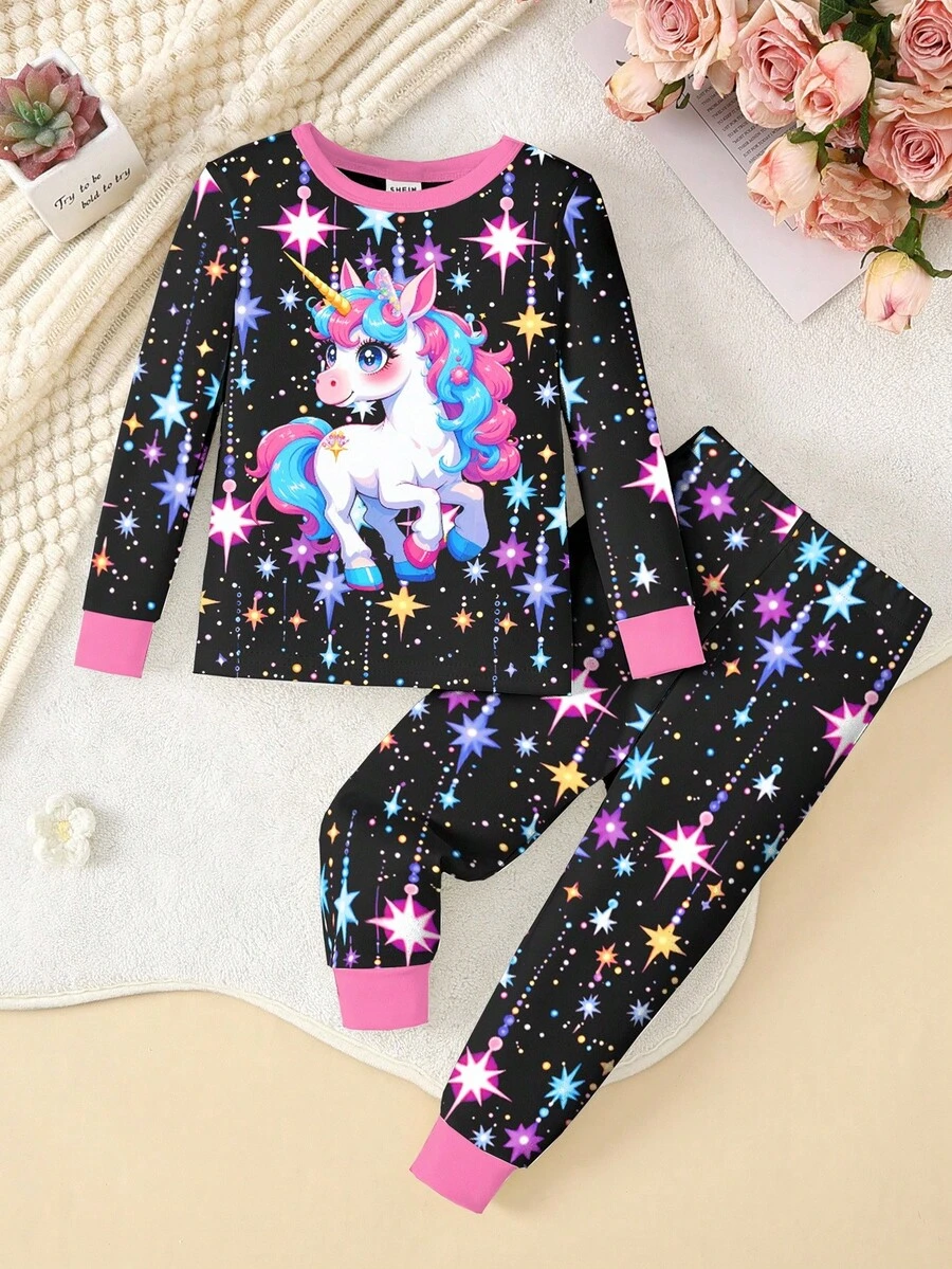 2 Piece Sets Snug Fit Night Wear Kids  Toddler Girls' Cute Unicorn Print Colorful Star Lighting Up Round Neck Knit Pajama Set, Comfortable Casual Tight Fitting Long Sleeve Top And Pants, Black .This Product Requires UV Light Exposure To Glow. - Multicolor - View 1