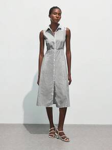 Maija 2025秋冬条纹单排扣收腰碎花镂空口袋休闲无袖衬衫裙，现代优雅都市浪漫端庄简约复古风格，适合婚礼嘉宾、生日、万圣节、商务休闲、办公室、约会、派对、圣诞节、新年 - 黑色 - 查看 5