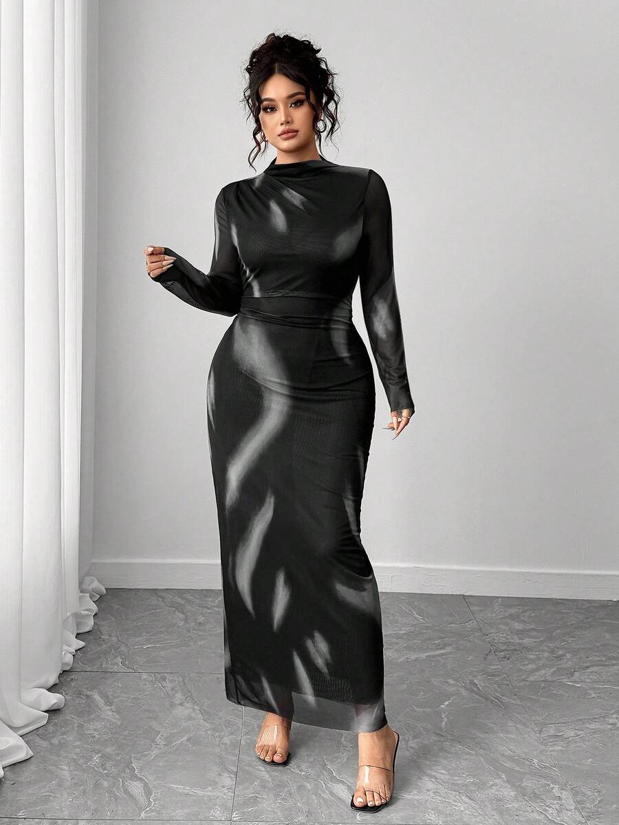 Elenzga Plus Size Elegant Spandex Mesh Abstract Print Dress Fall Cloth For Women - Multicolor - View 1