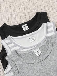 SHEIN Playful Pals Bộ trang phục mùa hè 6 món cho bé trai/bé gái, gồm 3 màu: Đen, Trắng, Áo không tay và quần short kẻ sọc, Thoải mái, Thường ngày, Đa năng và Thích hợp để mặc hàng ngày - Xám - Xem 6