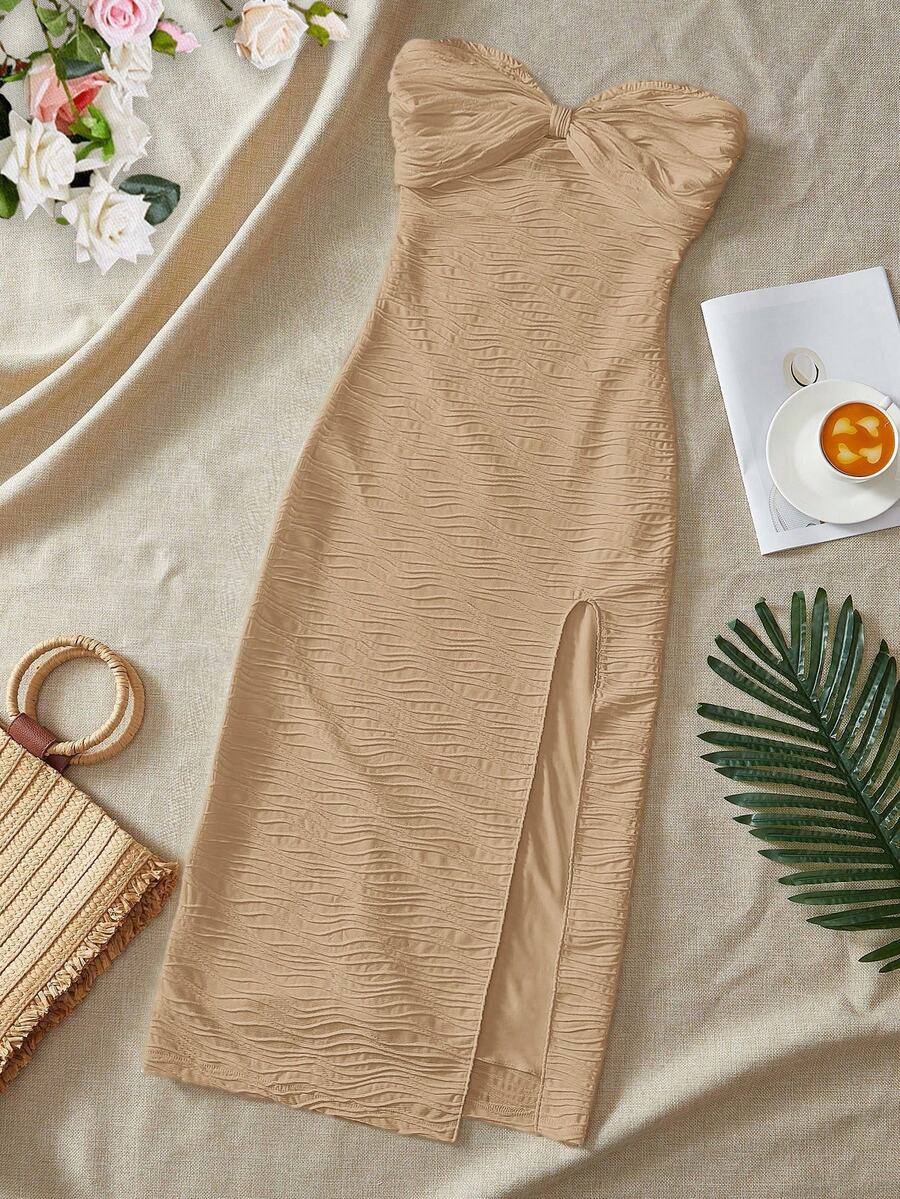SHEIN VCAY Gaun Bodycon Rajut Polos Kasual dengan Belahan di Bagian Bawah untuk Wanita - Khaki - View 1
