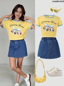 Tween-Mädchen Gelbes bedrucktes T-Shirt + Skort Set, empfohlen für sommerliches Energetisches Mädchen Outfit! Gelbe T-/T-shirt mit Strickkragen, blauem geripptem Rand, Buchstaben-Vorderteil + Schleifenmuster, Skorte in dunkel gewaschenem Denimblau, voller Gummibund + Ohrendesign