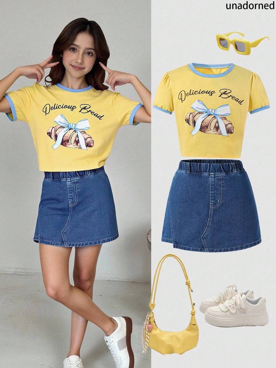 Tween-Mädchen Gelbes bedrucktes T-Shirt + Skort Set, empfohlen für sommerliches Energetisches Mädchen Outfit! Gelbe T-/T-shirt mit Strickkragen, blauem geripptem Rand, Buchstaben-Vorderteil + Schleifenmuster, Skorte in dunkel gewaschenem Denimblau, voller Gummibund + Ohrendesign