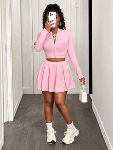 BamGleam Slayr 2pcs Women Casual V-Neck Zip-Up Short Sleeve Top And Pleated Skirt Tennis Outfit Set - A,Back To School Clothes,Pink Two Pieces,Fall Tops
