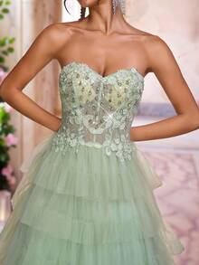 Glamrae 优雅奢华浅绿色手工3D花卉水晶装饰多层超长裙摆晚礼服，女式，下摆宽大 - 綠色 - 查看 4