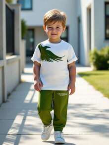 年輕男孩鷹印花上衣和字母印花慢跑褲套裝 - 軍綠色 - 查看 1