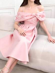 SHEIN 少女蝴蝶结露肩修身喇叭裙，粉色，适合派对 - 粉色 - 查看 8