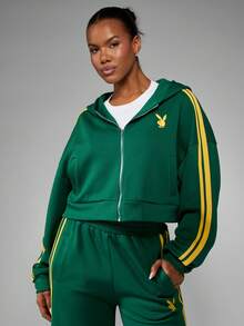 Missguided x Playboy 绿色拉链连帽卫衣，饰以黄色赛车条纹，长袖休闲街头风运动外套，秋冬季运动服 - 綠色 - 查看 1