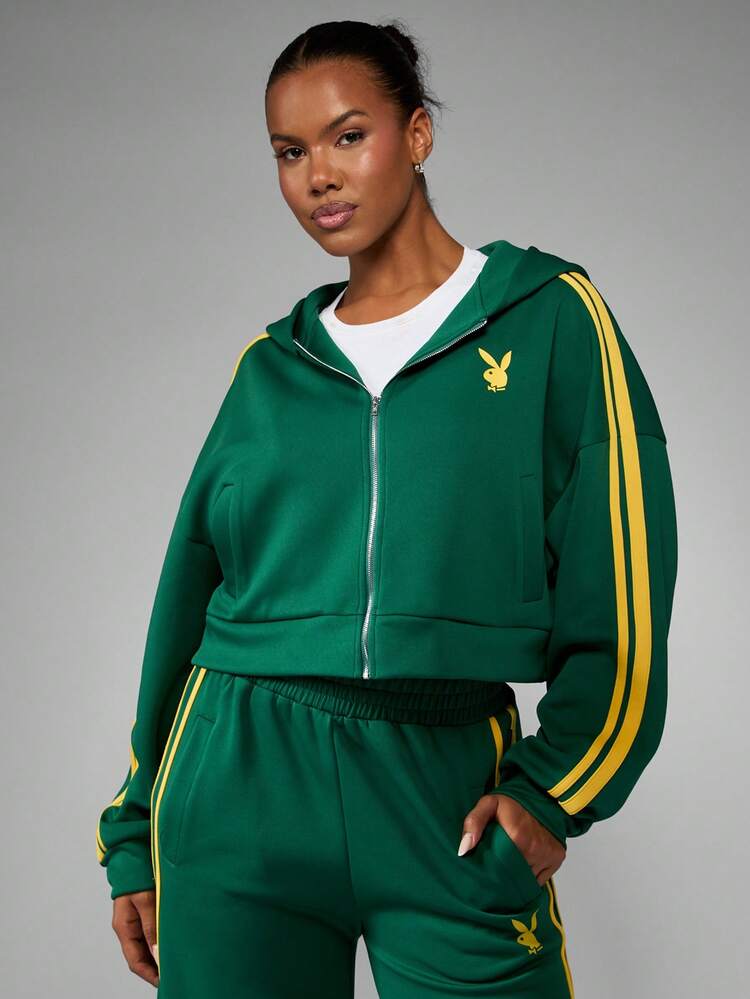 Missguided x Playboy Green Zip Up Hooded Sweatshirt With Yellow Racing Stripes Long Sleeve Casual Streetwear Track Jacket Winter Fall Activewear