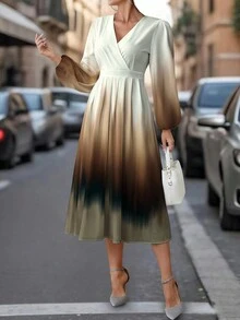 SHEIN Clasi V领长袖女士长裙，适合秋冬季 - 彩色 - 查看 5