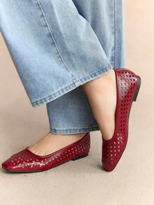 Rosivie 2025 Spring/Autumn New Arrival High-End Commuting Hollow-Out Casual Comfortable Versatile Women Flat Shoes - Burgundy - View 9