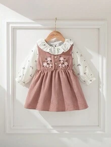 Baby Girls' Spring/Autumn Outfit, Floral Ruffle Collar Romper + Corduroy Pinafore Dress, Soft & Comfortable, Cute For Daily Wear/Cozy Gatherings Fall Winter - Multicolor - View 1