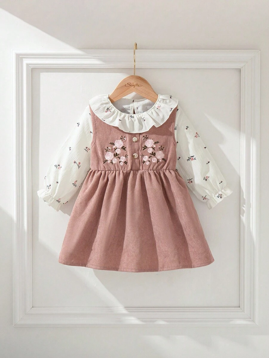 Baby Girls' Spring/Autumn Outfit, Floral Ruffle Collar Romper + Corduroy Pinafore Dress, Soft & Comfortable, Cute For Daily Wear/Cozy Gatherings Fall Winter - Multicolor - View 1