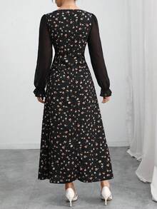 Al Najma 女式碎花方领长袖优雅阿拉伯风格连衣裙 - 黑色 - 查看 2