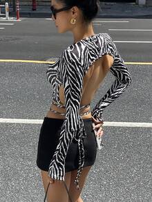 Livesso Women's Zebra Print Cropped Tie Front Long Sleeve T-Shirt