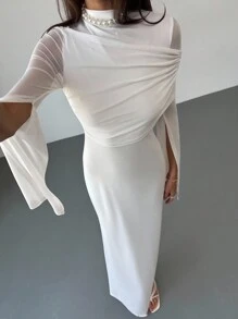 Aloruh Đầm ôm sát cổ cao thanh lịch thiết kế mới, xẻ tà bất đối xứng, tay dài, dáng ôm, chất liệu tương phản, đầm tay loe - trắng - Xem 1