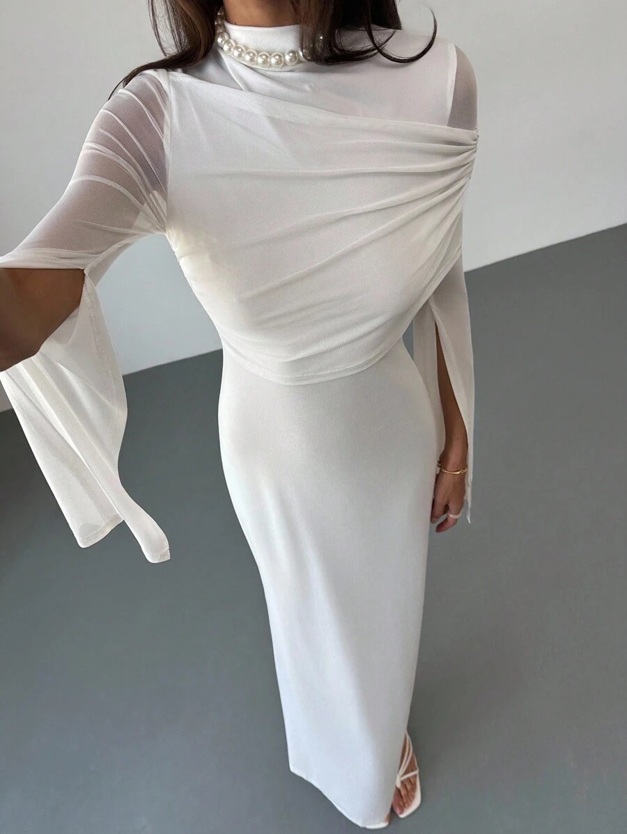 Aloruh Đầm ôm sát cổ cao thanh lịch thiết kế mới, xẻ tà bất đối xứng, tay dài, dáng ôm, chất liệu tương phản, đầm tay loe - trắng - Xem 1