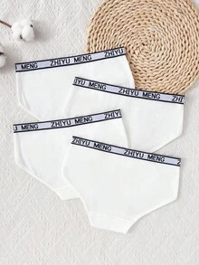 4pcs/Set Girls' Letter Waistband Splicing Sports Style Panties - White - View 2