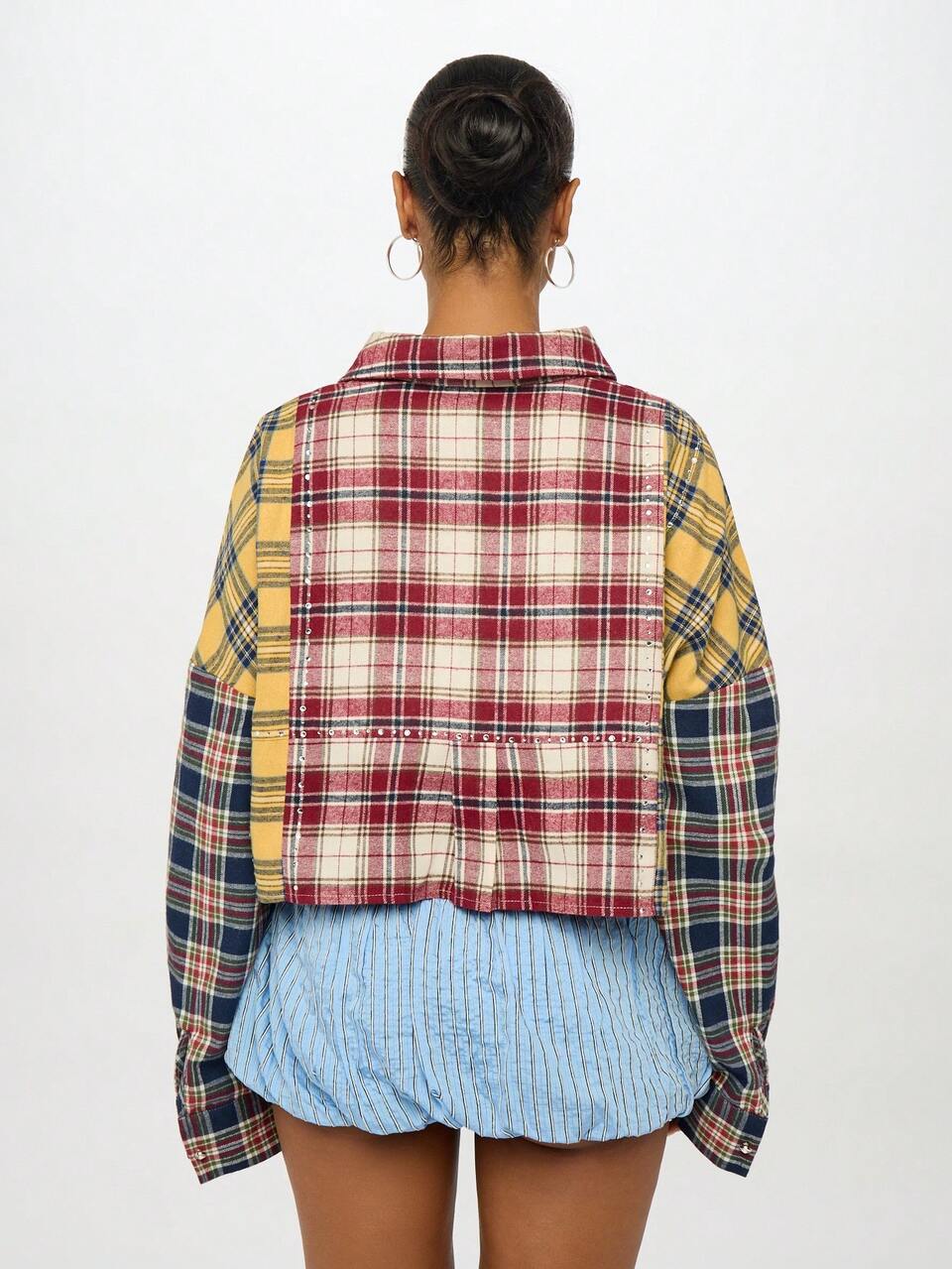 SUMWON Plaid Multi Pattern Patchwork Oversized Cropped Button Down Shirt With Diamante Details Winter Grunge Preppy Y2K Style Long Sleeve Collared Top