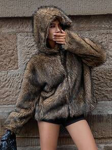 DAZY Áo khoác trùm đầu tay dài dáng rộng phong cách đường phố thu đông, áo khoác lông nhân tạo dành cho nữ - màu nâu - Xem 6