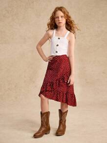 Tween Girl Casual Polka Dot Printed Wrap Skirt With Ruffle Hem And Cami Top Set Summer Holiday - Red - View 3