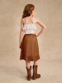 Tween Girl 2pcs Set: White Lace Patchwork Camisole Blouse + Khaki Belted Ruffle Hem Mini Skirt Elegant Outfit Summer Holiday - Khaki - View 2