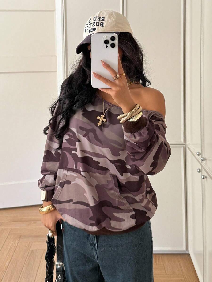 Flirla Women's Casual Camouflage Print Oblique Shoulder Long Sleeve Street Style Sweatshirt Fall Cloth For Women - Multicolor - View 1