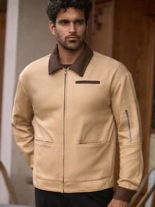 HIMLAND Men's Long Sleeve Casual Woven Patchwork Turndown Collar Loose Drop Shoulder Earthy Jacket Light Brown