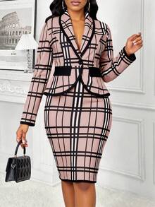 SHEIN Lady 春夏秋冬优雅通勤办公室彩色针织翻领纽扣中长袖大码西装套装商务休闲女装商务休闲女装商务休闲秋季女装优雅商务休闲女装秋装大码秋季女装优雅女装秋季女装 - 藕粉色 - 查看 4