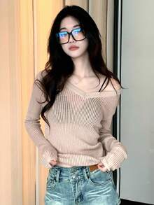 DAZY V-Neck Long Sleeve Fitted Sheer Overlay Top, Autumn - Apricot - View 8