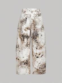SHEIN MOD Plus Size Women Leopard Print Pocket Loose Wide Leg Casual Jeans Leopard Print Pants Animal Print Pants Printed Pants Leopard Pants Animal Print Trousers,Fall Clothes For Women,Halloween Clothes,Goth Pants,Fall Clothes Plus Size,Leopard Print Jeans,Wide Leg Pants Woman,Halloween Plus Size,Wide Leg Jeans,Animal Print Pants - White - View 2