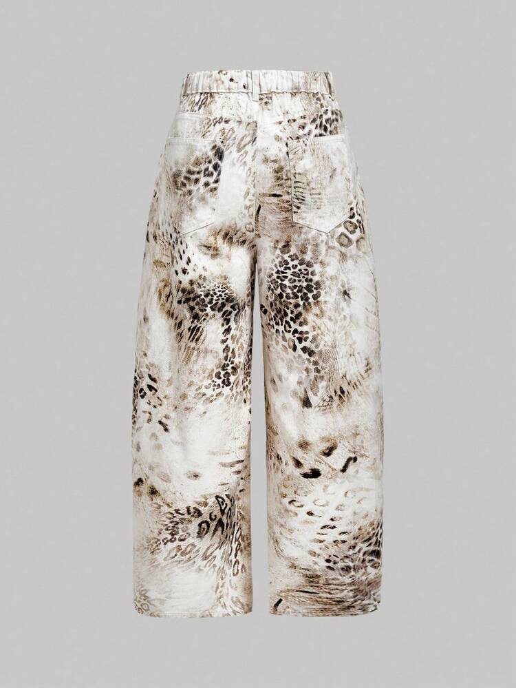 SHEIN MOD 大码女式豹纹口袋宽松阔腿休闲牛仔裤 - 白色 - 查看 2