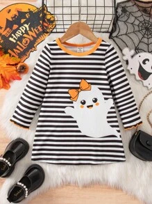 SHEIN Sukienka w paski z długim rękawem dla dziewczynki na Halloween z kreskówkową grafiką - Wielokolorowe - Zobacz 2