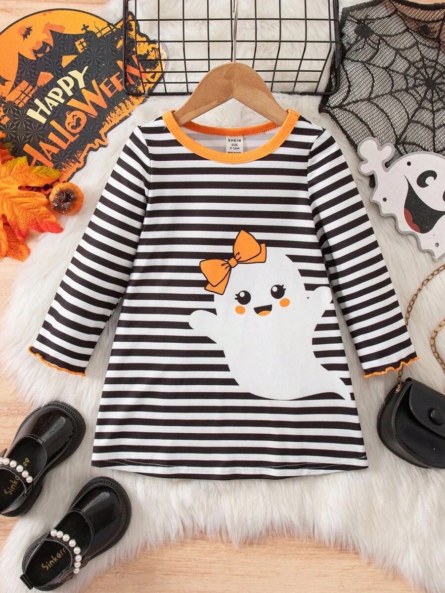SHEIN Sukienka w paski z długim rękawem dla dziewczynki na Halloween z kreskówkową grafiką