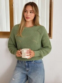 EURMUSE Pulover tricotat în culori solide, cu detalii goale, de zi cu zi, stil francez - Verde - Vizualizare 2