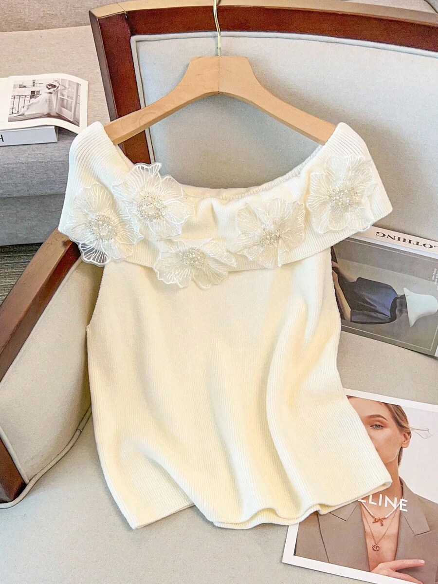 GlowEve CURVE Plus Size Women's Elegant Off Shoulder Embellished Knit Top - Beige - View 1