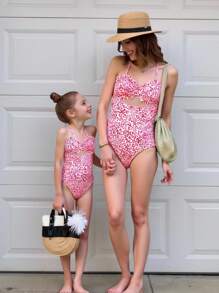 SHEIN Women Leopard Floral Hollow-Out Sexy Swimsuit One-Pieces, For Summer Beach Vacation - Multicolor - View 1