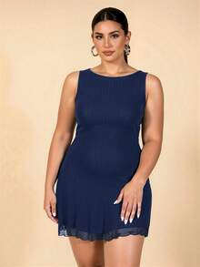 SHEIN BAE Plus Size Women Sleeveless Mesh Dress, Spring/Summer - Navy Blue - View 10