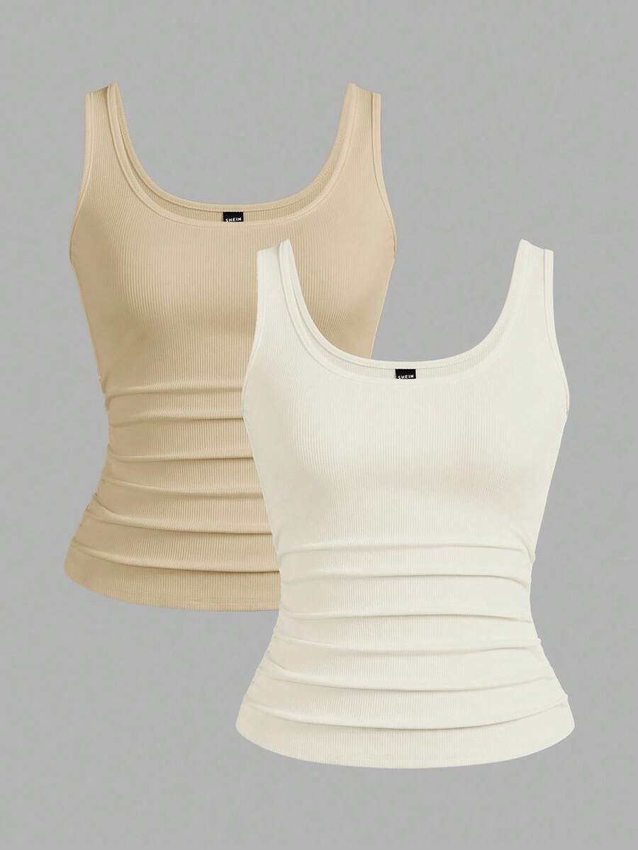 Slaydiva 3 chiếc/gói Áo ba lỗ cổ chữ V khoét sâu màu đen + trắng đơn giản thường ngày dành cho nữ - Màu be - Xem 1