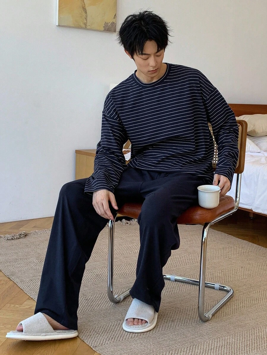 DAZY Navy Striped Top & Solid Color Elastic Waist Pants Men's Casual Pajama Set, Autumn, Fall Winter Clothes